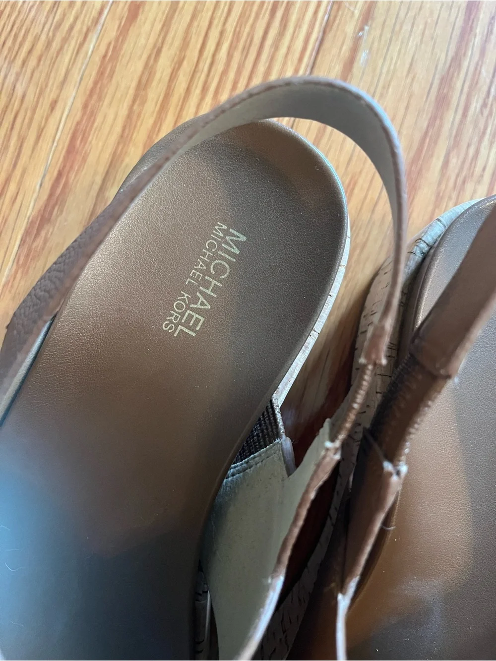 MICHAEL Michael Kors Chestnut Brown Leather Cross-Strap Wedge Sandals - SIZE 6.5